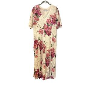 Vtg Starina Dress Ivory Pink Floral Cottagecore Tie Back Fit Flare Midi‎ Fairy L